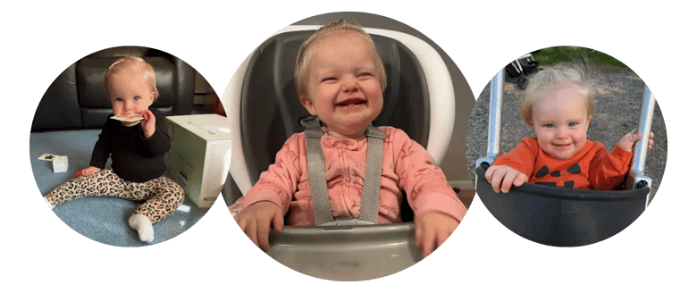 Kayleigh playing on the floor, smiling in a high chair, and enjoying a playground swing.