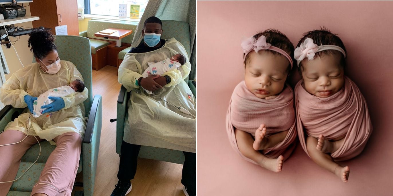 IVF identical twins newborn girls with parents